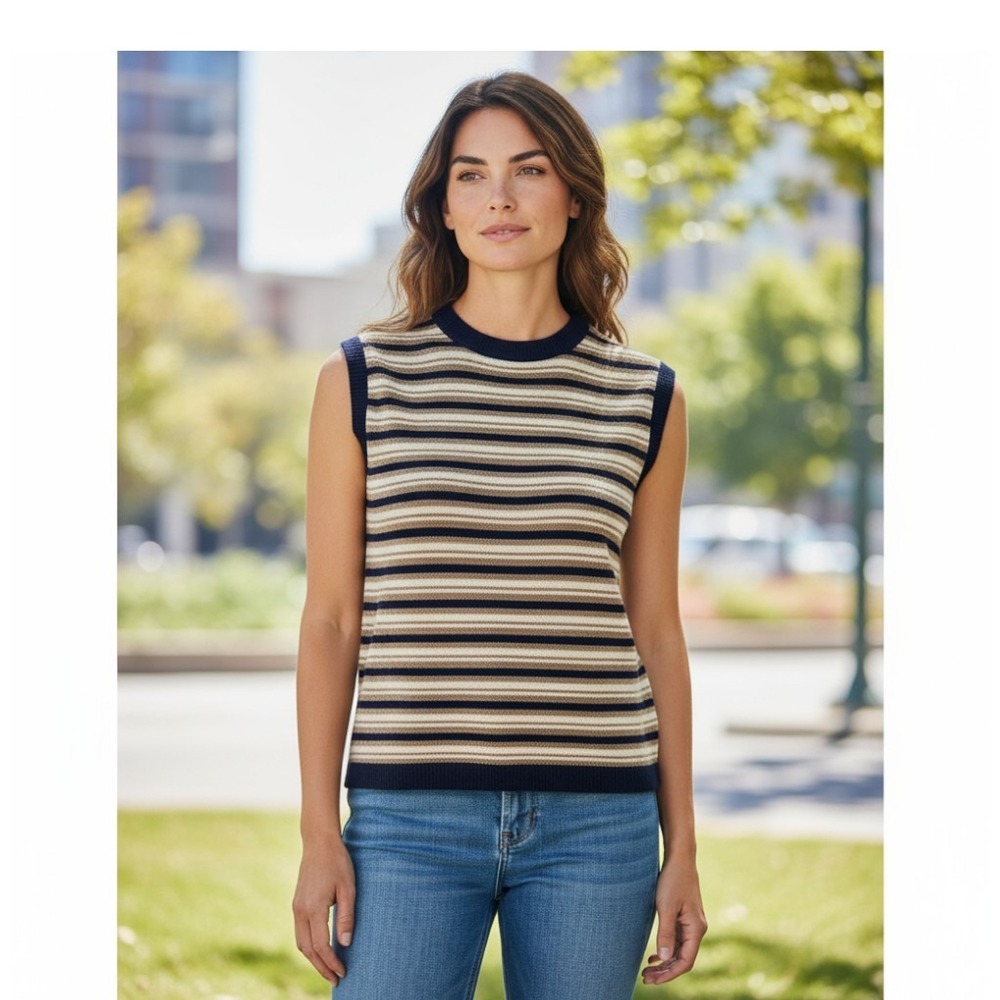St. John Sport Marie Gray Womens‎ Tank Santana Knit Striped Navy Cream Vtg Med